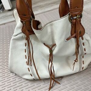 Lucky Brand Leather Bucket Tote Bag Womens Large White Brown Boho Whipstitch EX